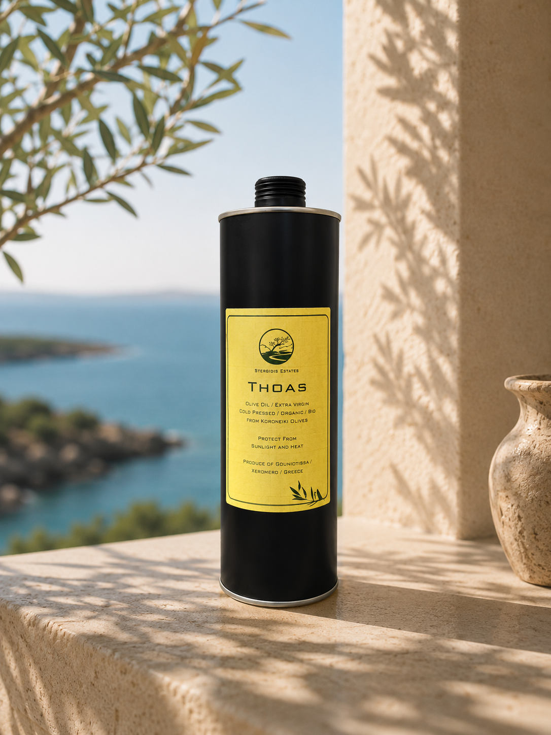 Premium 1 litre THOAS extra virgin olive oil.