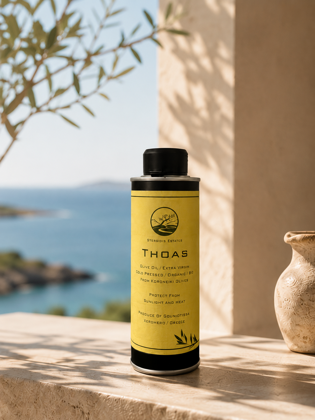 Premium THOAS extra virgin olive oil offered to guests
