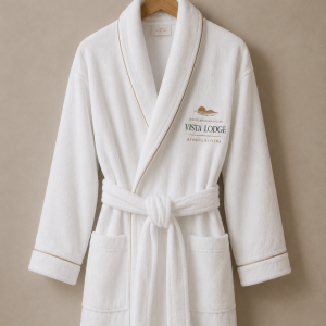 Luxury embroidered bathrobe provided for guests at Vista Lodge Athens Riviera