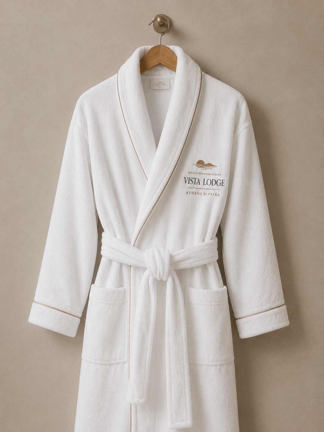 Luxury embroidered bathrobe provided for guests at Vista Lodge Athens Riviera