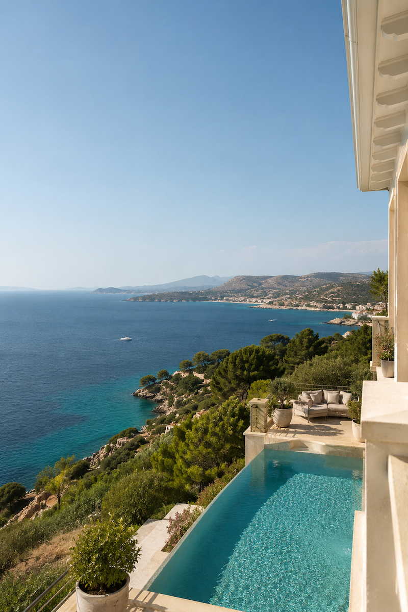 Aerial view of the infinity pool at Vista Lodge Athens Riviera