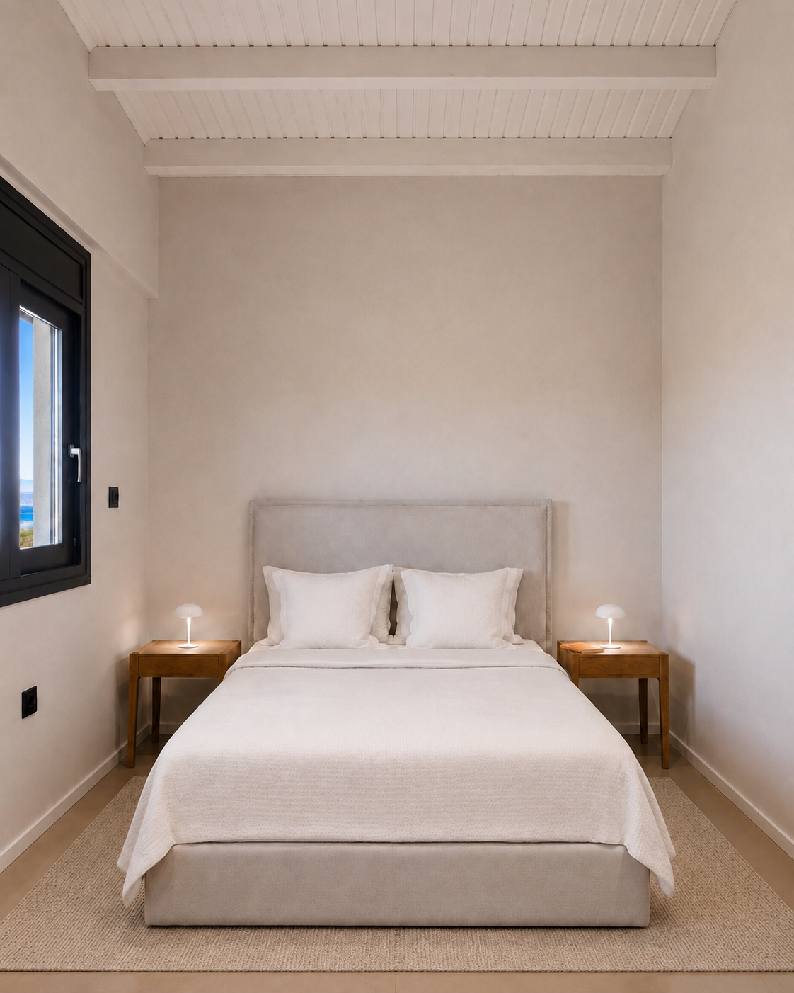 Bright double bedroom with neutral interior at a private villa in Athens Riviera